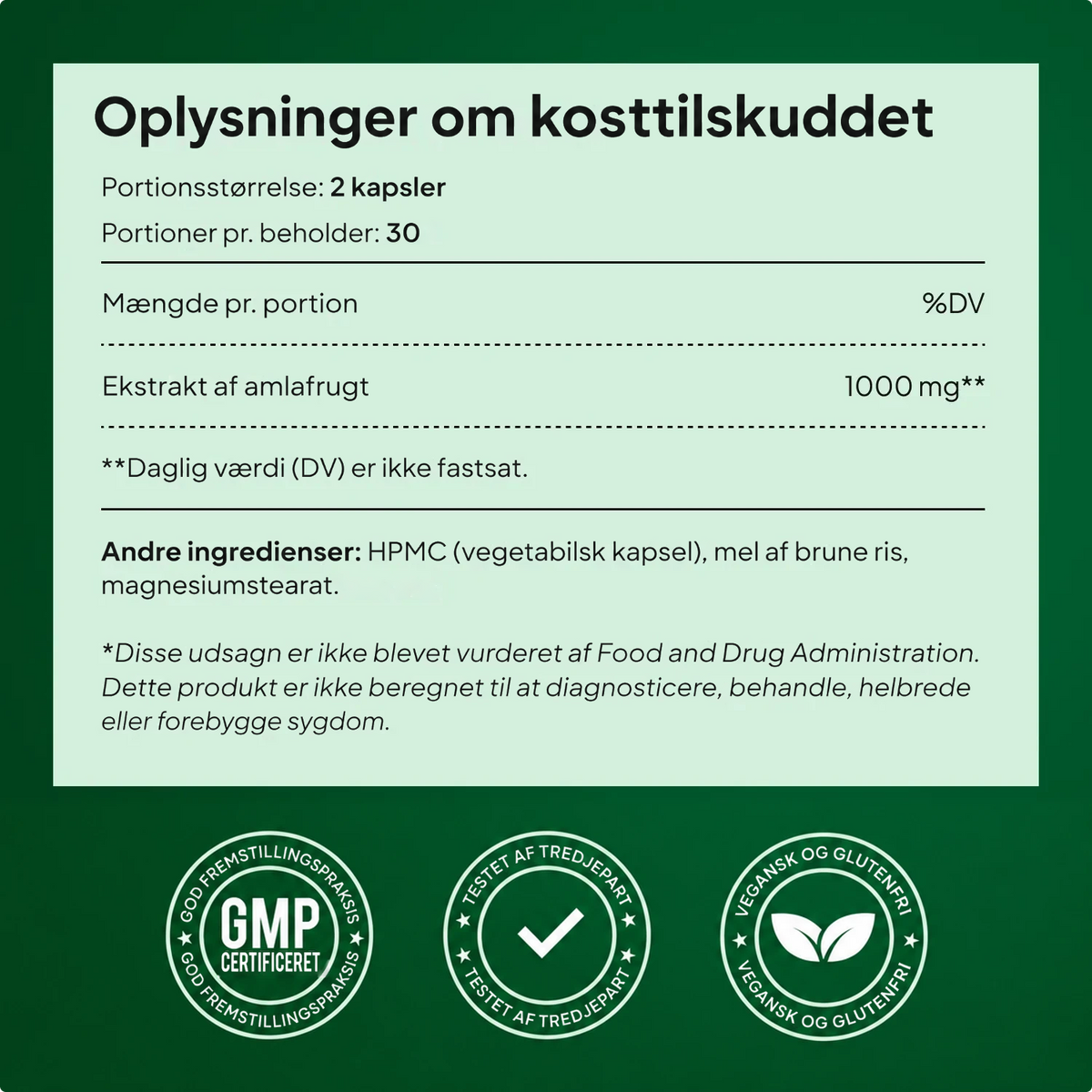 Oplysninger om Essentae Amla med ingredienser og portionsstørrelse.