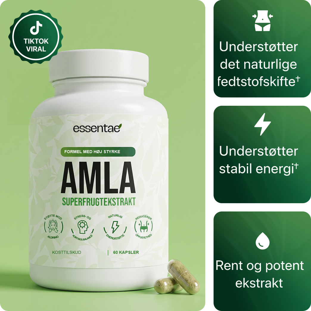 Essentae Amla-flaske med kapsler og produktinformation.