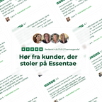 Collage af kundeudtalelser om Essentae Amla med vurderinger og portrætter.
