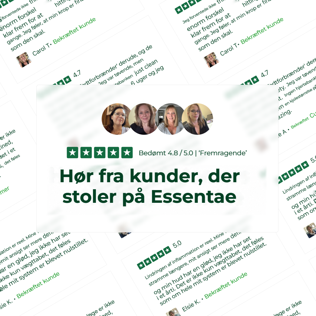 Collage af kundeudtalelser om Essentae Amla med vurderinger og portrætter.