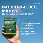 Hånd med en Essentae-pose med oregano og sortkommen samt forklarende tekst.