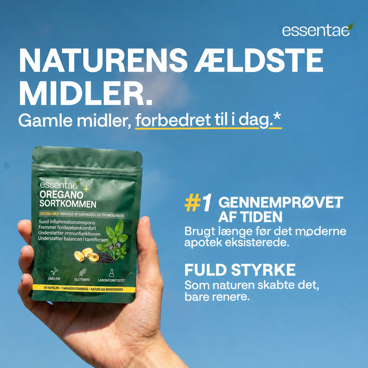 Hånd med en Essentae-pose med oregano og sortkommen samt forklarende tekst.