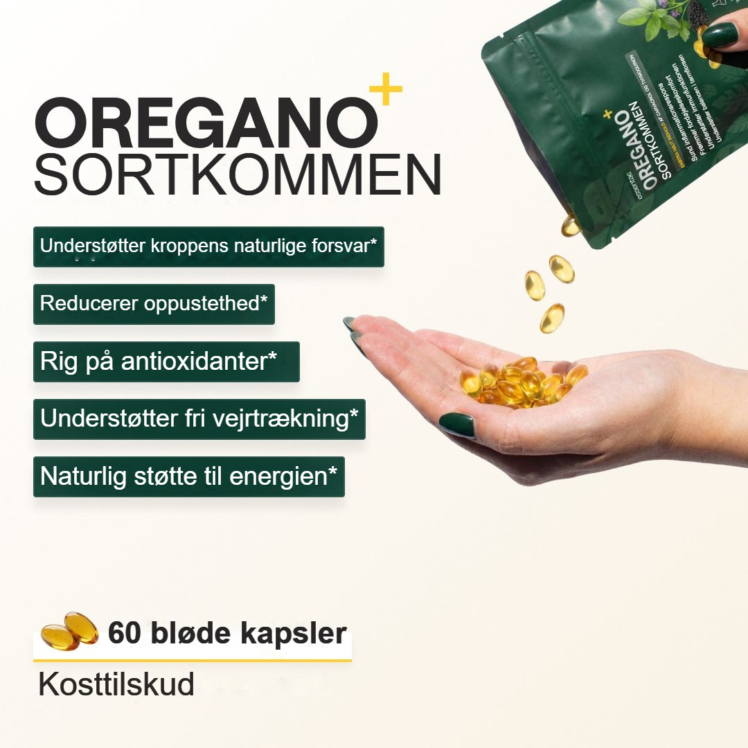 En Essentae-pose hælder bløde kapsler ned i en hånd ved siden af forklarende tekst.