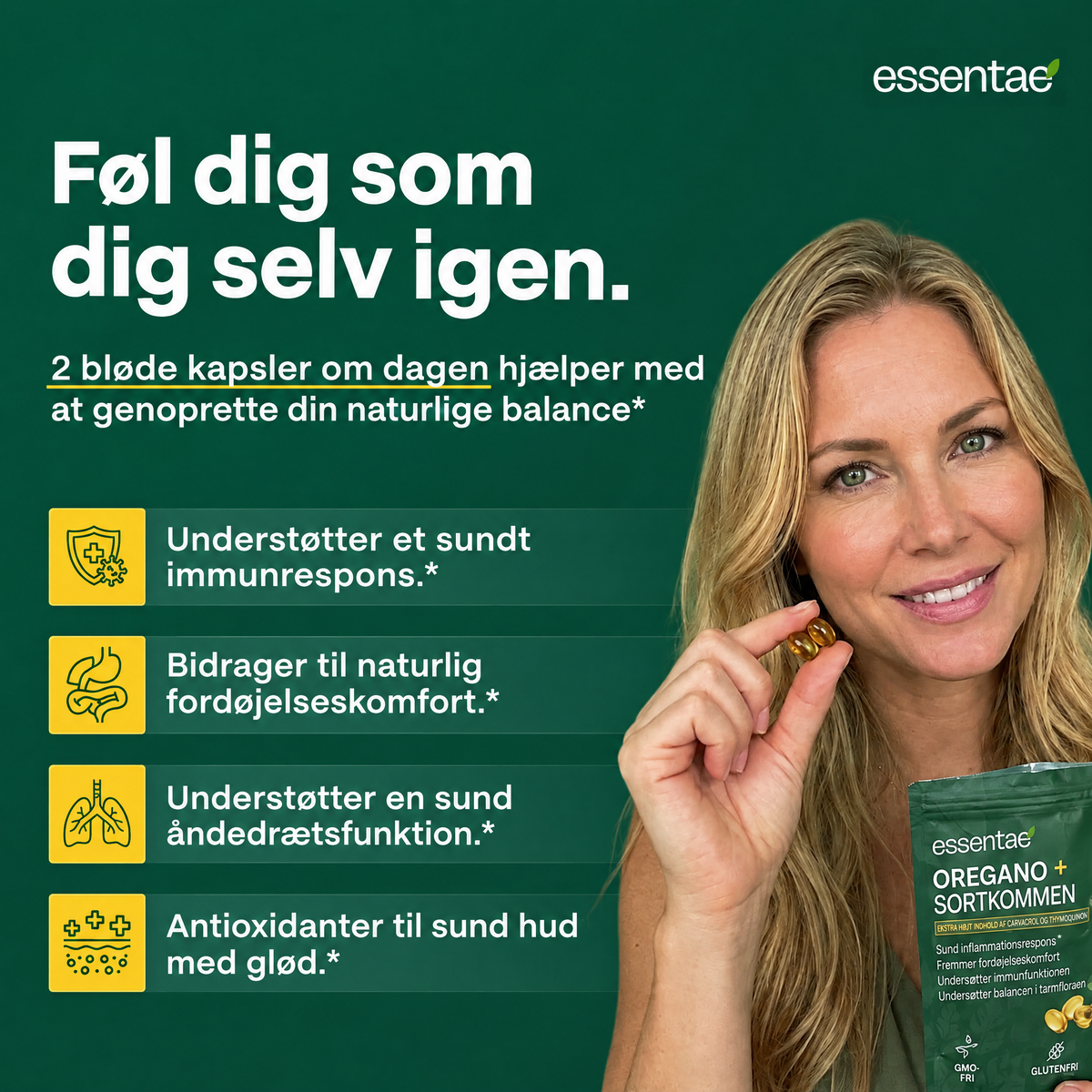Kvinde med to kapsler og en pose oregano og sortkommen.