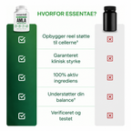 Sammenligningstabel med fem rækker og en Essentae Amla-flaske.