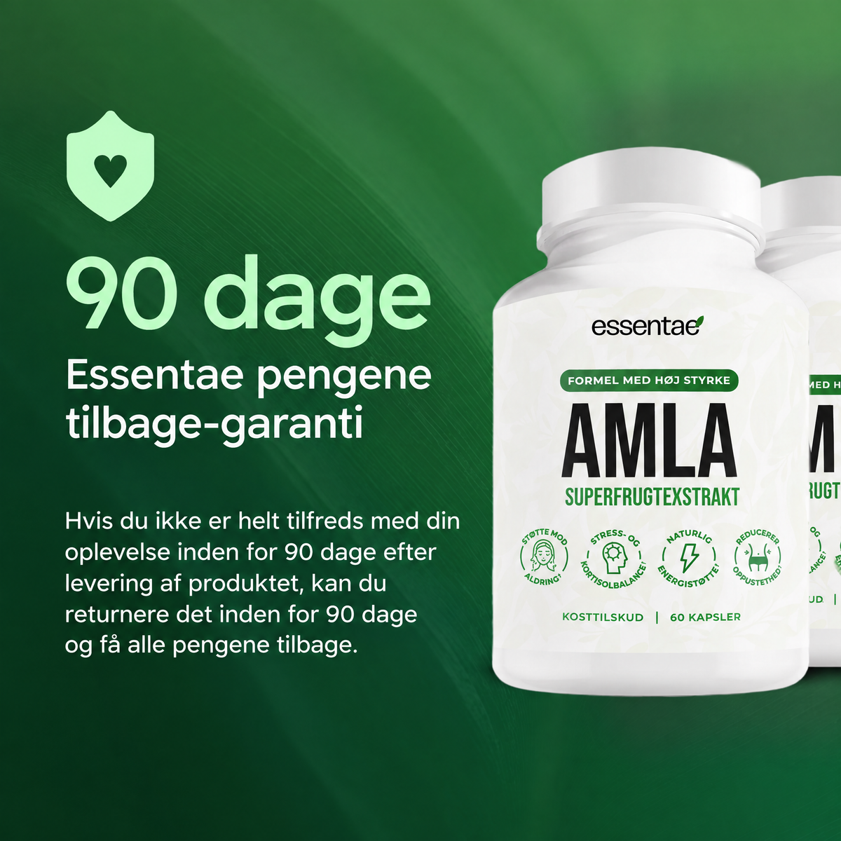 Essentae Amla-flasker med tekst om 90 dages garanti.