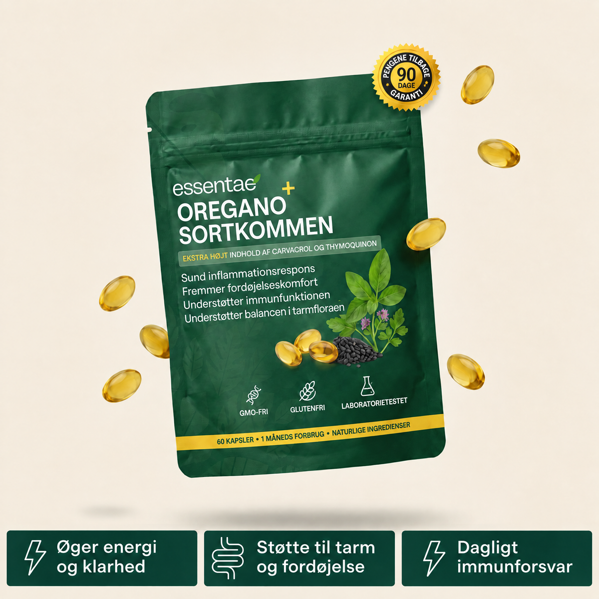 Essentae Oregano-pose med produktinformation og tre tekstkort.